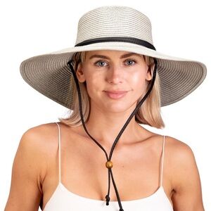 Sloggers Women's Wide Brim Braided Sun Hat Wind Lanyard - UPF 50. 22.5”/Med